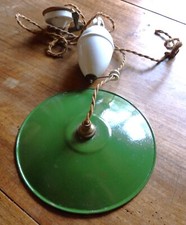 Monte et baisse en porcelaine/Luminaire ancien complet abat jour tôle verte 1940