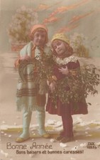 CP BONNE ANNEE BONS BAISERS PETITE FILLE GARCON BONNET GUI FER CHEVAL - 63855