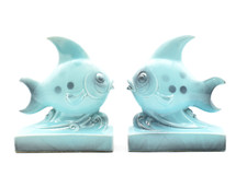 Sarreguemines serre-livre poissons faïence bleu vintage  50's fish bookends