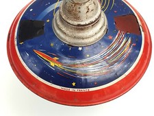 TOUPIE SPATIALE EN TÔLE ANCIEN JOUET MÉCANIQUE  MONT BLANC  DÉCO FUSÉE SATELLITE