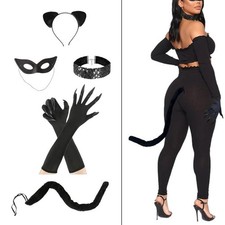 Costume de chat noir pour femme, ensemble oreilles de chat, bandeau, queue,