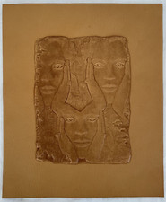 Tableau relief en cuir de REVOL, mains entrelacées et visages