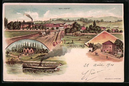 Lithographie moulins bateau - lithographie, moulins,