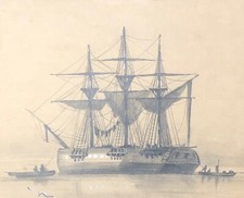 Frégate trois-mâts carré au mouillage dessin XIXe anonyme Marine Bateau Marin