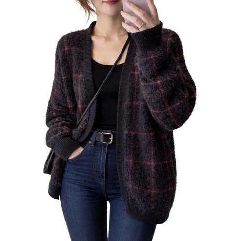 Fuzzy plaid grunge cardigan - fuzzy,
