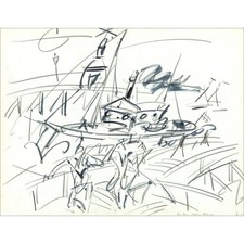 GEN PAUL - Dessin original à l'encre et crayon "Péniche à quai" 49x65cm