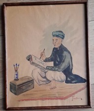 Peinture Aquarelle Sur Papier Debut XXeme Indochine Vietnam Écrivain 