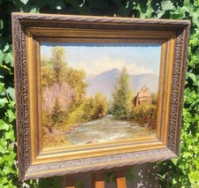 Ecole Américaine.  XIXe  XXe Bord de Rivière Peinture huile sur toile signée 