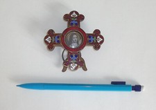 Rare, Petit Cadre Photo Ancien, Forme Croix, Laiton émaillé cloisonné, Fleurs