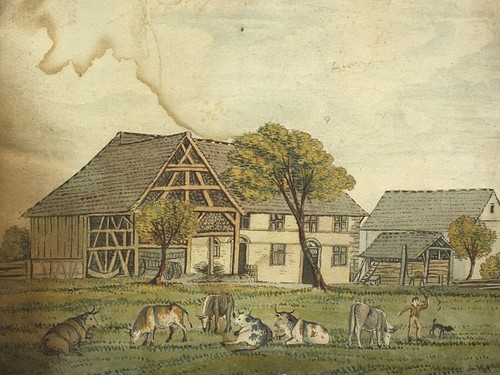 Paysage ferme vaches aquarelle - ferme,