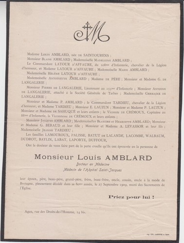 1909 faire part décès - *1909,