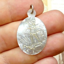 Saint Michael slays the dragon. Mother of Pearl. Antique Religious Large Pendant