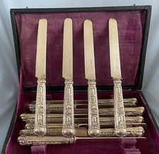 Antique French 950 Sterling Repousse Silver Ercuis Fruit/Dessert knives Rose 12p