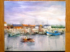 Tableau huile sur toile marouflée Bateaux à Honfleur de J. Colombi