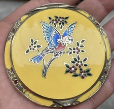Boite poudrier ancien oiseau émaillée powder box Bird argent sterling