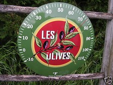 PLAQUE EMAILLEE THERMOMETRE A AIGUILLE EMAILLE PUB "les Olives" EMAIL VERITABLE