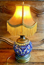 ANCIENNE LAMPE A PETROLE FAÏENCE GIEN RENAISSANCE FOND BLEU XIX ELECTRIFIEE