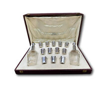 Antique French Liqueur Decanter Set, Silver Mount Crystal & Glass Service