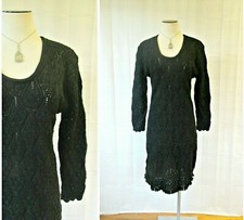 Vintage 1960s 1970s Black Dress Knit Crochet Sexy Fringe 34 36 Medium LBD Party