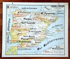 AFFICHE CARTE SCOLAIRE VIDAL LABLACHE N°31 ESPAGNE PORTUGAL Gd Format TB ETAT