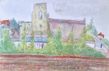 Grande Aquarelle Vintage c.1950/1960 Paysage Château Arbres RACHEL LEFLERS