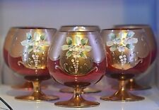 ANCIEN LOT DE 6 VERRE DE MURANO ITALY VIN COGNAC A PIED PEINTURE EMAIL VASE 