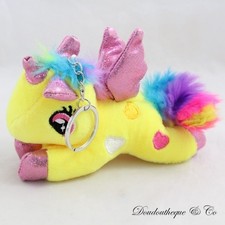 Peluche porte clés licorne jaune ailes brillantes coeurs brodés 14 cm (VI-24625)