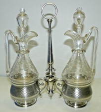 *SERVITEUR HUILIER VINAIGRIER XIXe FLACONS CRISTAL MONTURE METAL ARGENTE NIII