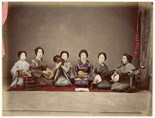 Kusakabe Kimbei, Women Musicians Playing the Shamisen and Taiko vintage albumen 