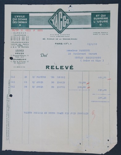 Facture 1936 huiles yacco - huiles,