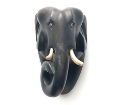 Rare Ancien Ceylan Ébène Éléphant Tête Mural Plaque Macaseer Main Sculpté