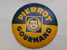 RARE TOLE IMPRIMEE BOMBEE PUBLICITAIRE PIERROT GOURMAND DE FORME RONDE.