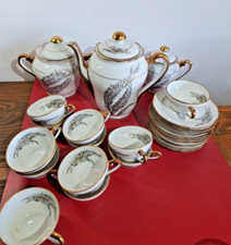 Service Thé Limoges Chapus Frères 12 Personnes Porcelaine Fine Fougère & Liseré