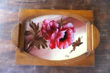 Plateau de service art déco en verre et bois motif fleuri pivoine signé Done