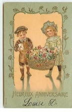 Carte Gaufrée - Heureux Anniversaire - Enfants portant un panier rempli  - 8289