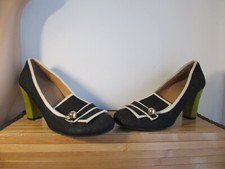 escarpins chie mihara  toile tissée noire  cuir écru daim vert anis 40