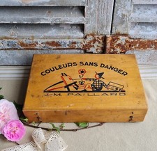 ANCIENNE BOITE VIDE EN BOIS PEINTURE DESSIN ENFANT JM PAILLARD