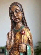 Statue de la Sainte vierge en bois polychrome Dévotion Catholique Prière Church 