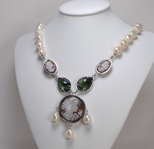 Collier en Argent 925 Avec Camée Visage Quartz Vert Et Perles Baroque Agln 0144
