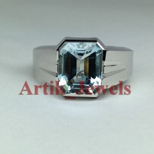 Naturel Bleu Gemme Topaze Avec 14K Plaqué or Blanc Bague Argent pour Hommes #422