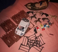 lot playmobil Voiture Espion   bateau Chevaux Barrières personnages