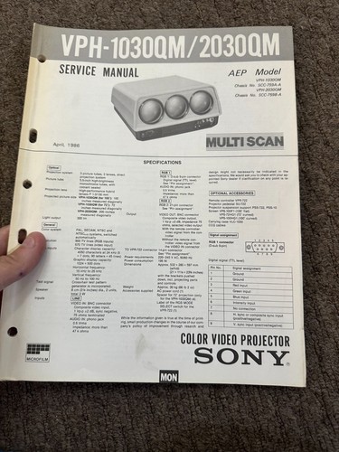 Sony vph 1030qm 2030qm service - sony, vph-1030qm