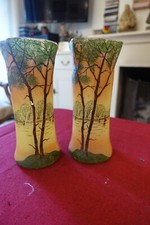 paire de vases début XXème pâte de verre émaillée d'un Paysage lacustre