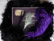 PARURES 20’s-BOA MARABOUT NOIR-AIGRETTE JAUNE-PLUME AUTRUCHE VIOLET-BOITE ÉPOQUE