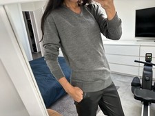 Pull long tunique gris en laine mérinos H&M deluxe S M 36 38 col V