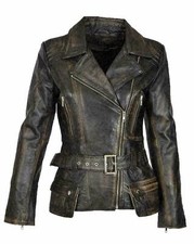 Blouson moto vintage en cuir d'agneau véritable pour femme manteau délavé à f...