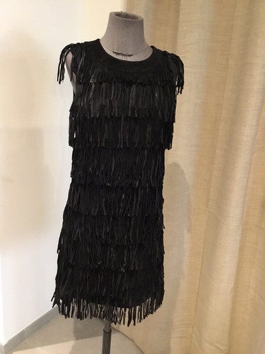 Superbe robe noir franges - , cuir
