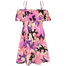 Robe Patineuse Fille Imprimé Camouflage Été Fête Sans Épaules 5-13 Ans