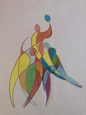 belle peinture Gouache 1970 Papier sport, ballon rugby Volley Ball Art Portrait