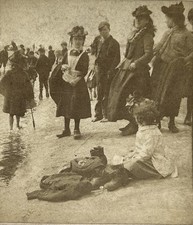 Enfants et adultes à la Plage Bord de l'eau c1900 Photo Stereo Citrate §n2